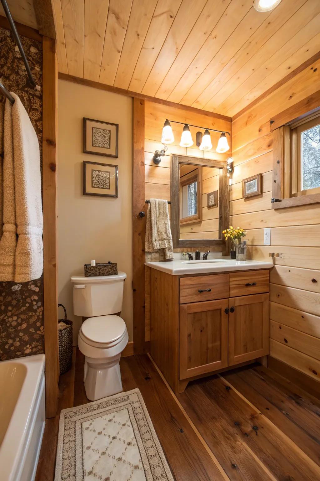 Wood textures impart warmth and natural allure to your bathroom.