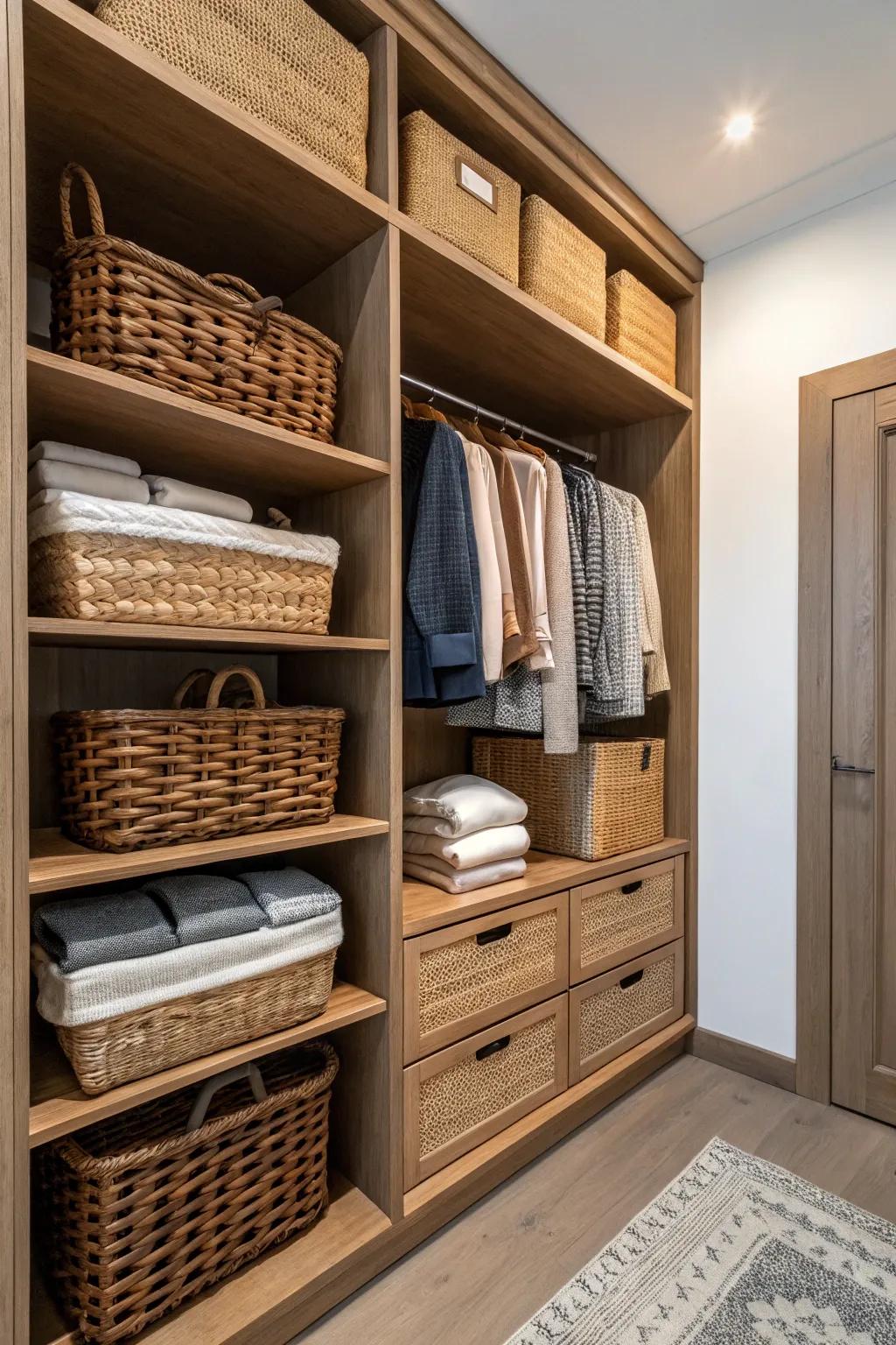 Wicker bins offer stylish and practical storage options.