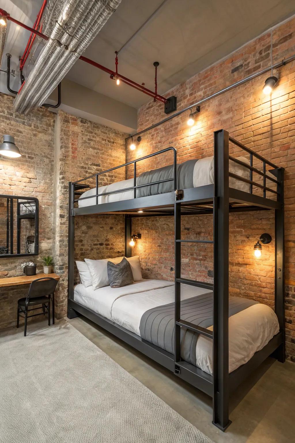 Stylish industrial feels with metallic accents and exposed brickwork.