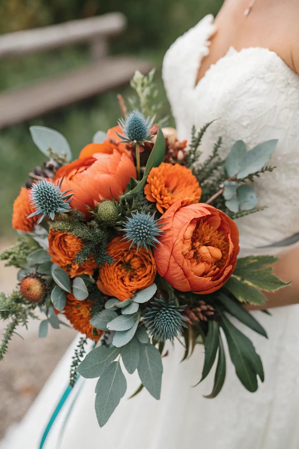 A bridal bouquet mixing bold colors splendidly.