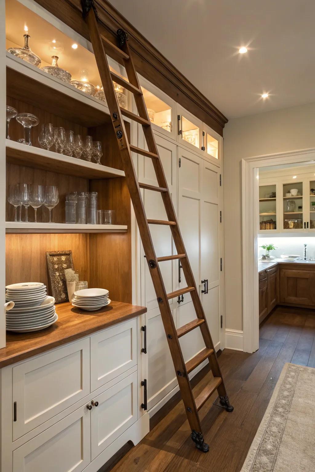 A charming butler's pantry equipped with a rolling ladder for effortlessly reaching high shelves.