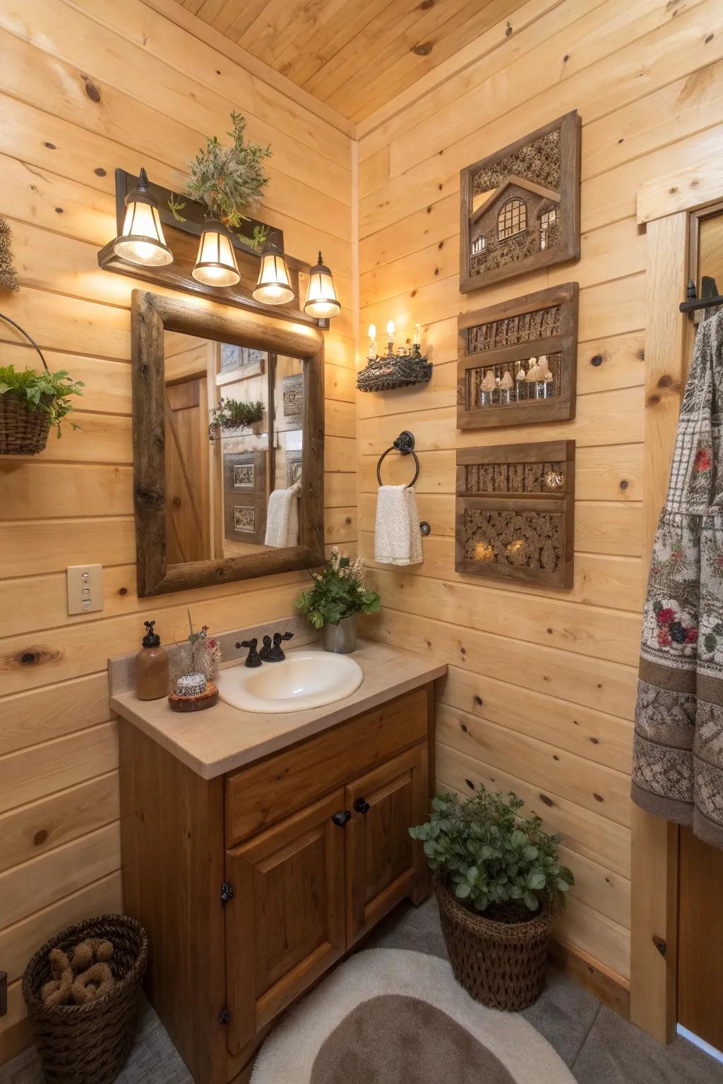 A cabin bathroom with bespoke ornamentation and charming sculpted plaques.