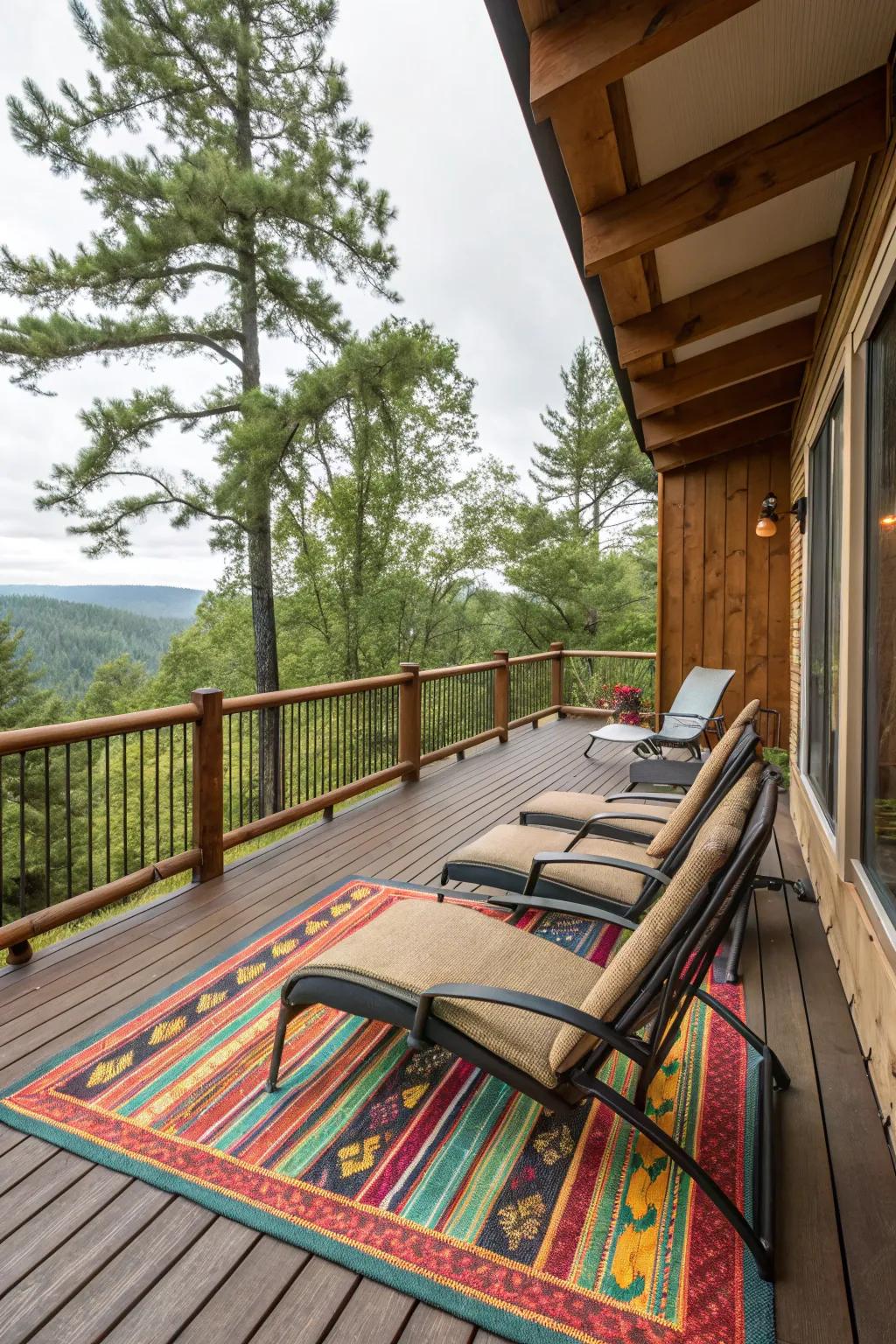 An open-air rug adding warmth and style to the veranda.