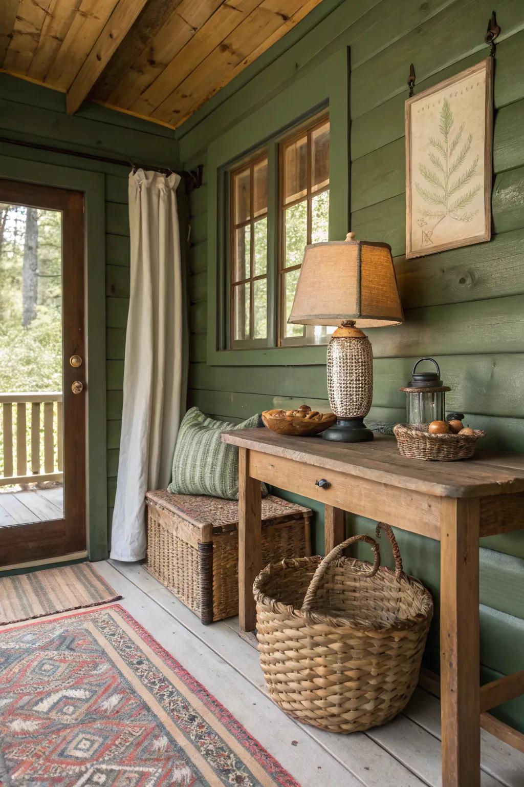 A natural color theme creating a harmonious and inviting cabin atmosphere.