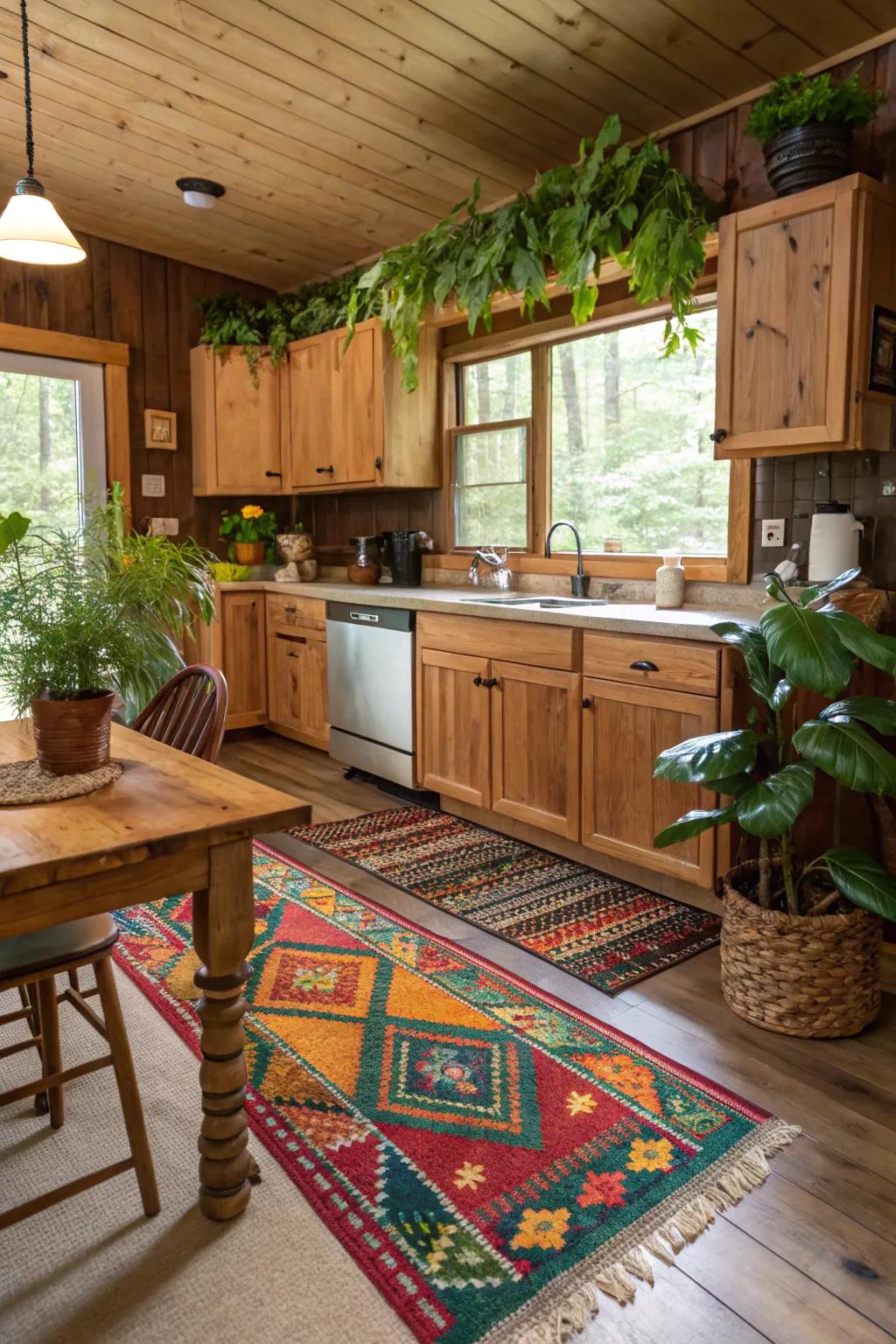Rugs and plants add comfort and style to a cabin kitchen.