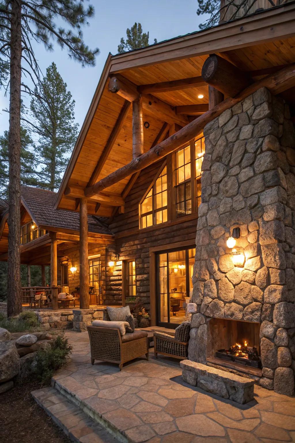 Lighting enhancing timber and stone components in a cabin interior.
