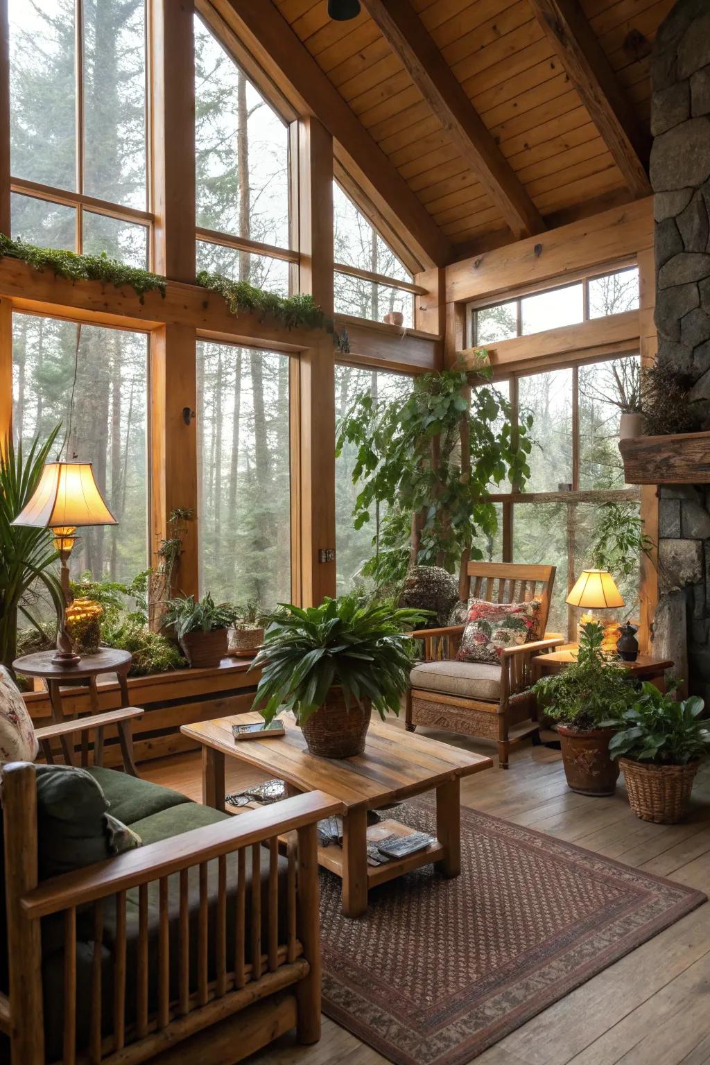 Nature-themed decor, including plants, enriches this cabin living space.