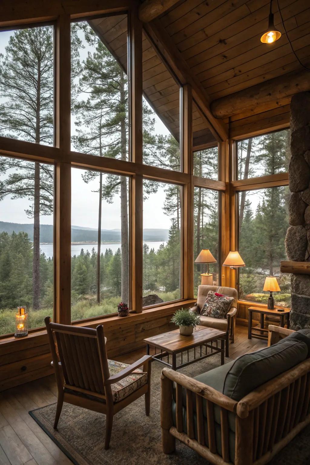 Furniture placement enhances the connection with the surrounding landscape.