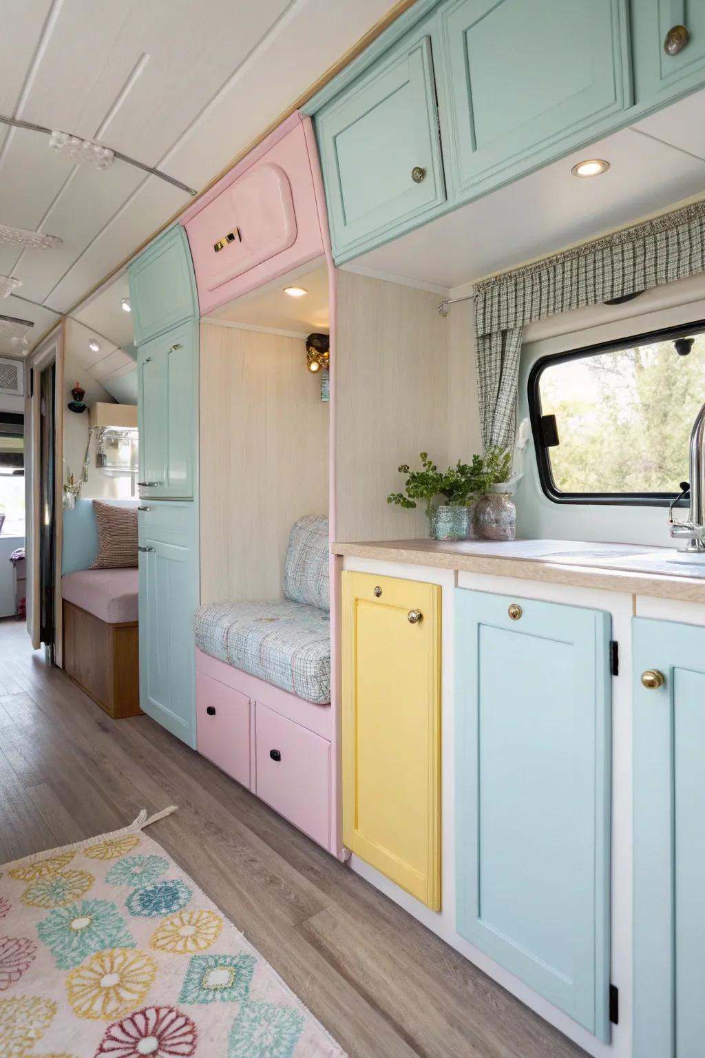 Pastel cabinets add a delicate, inviting touch.