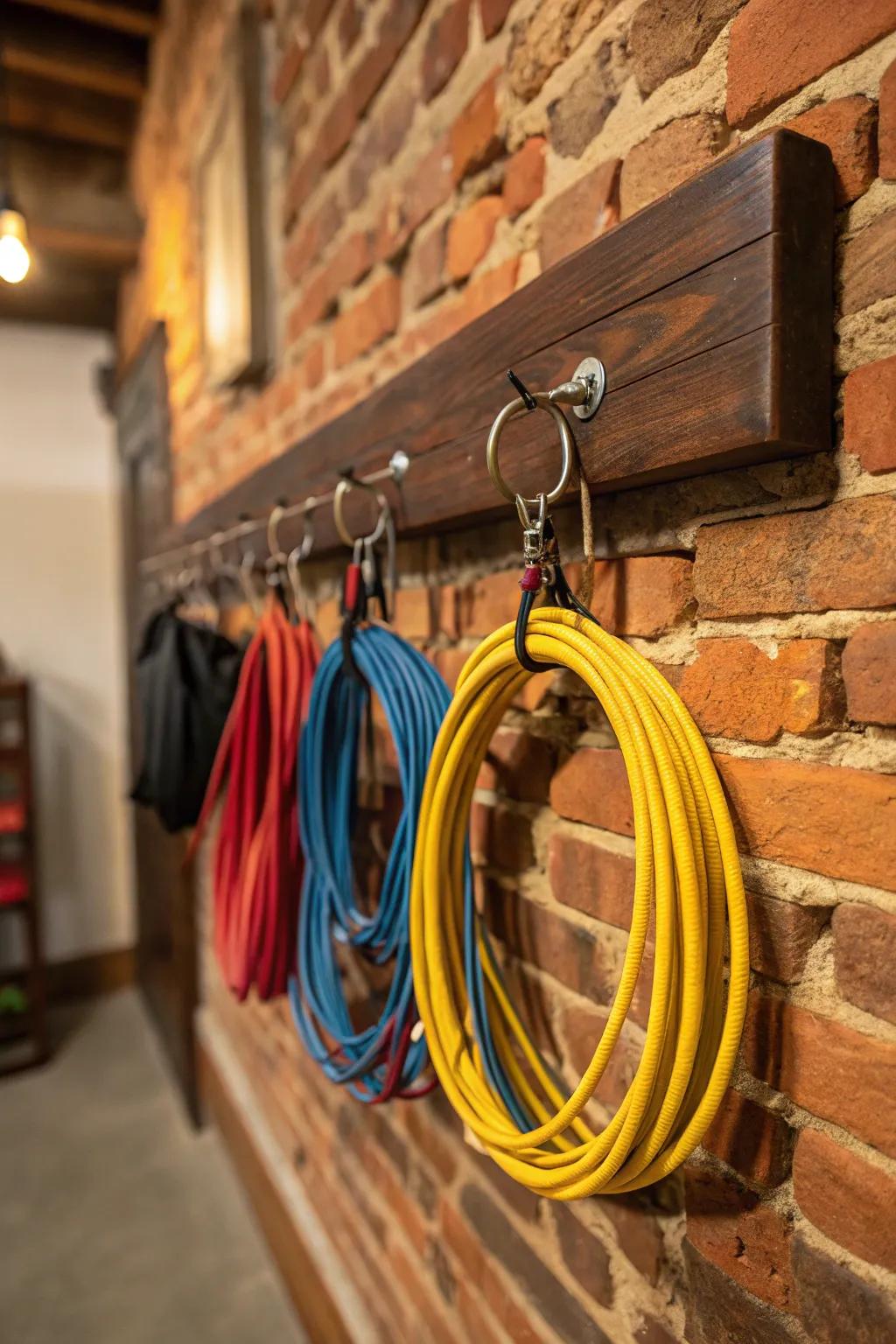 Transform clutter into craftsmanship with a vintage hanging rack for sleek cable management.