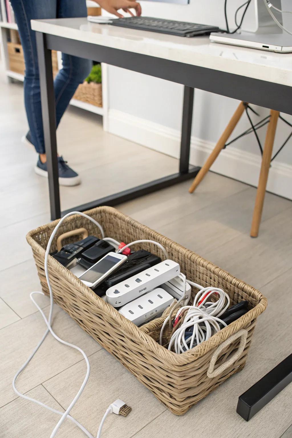 Below-desk cable receptacle for concealed storage.