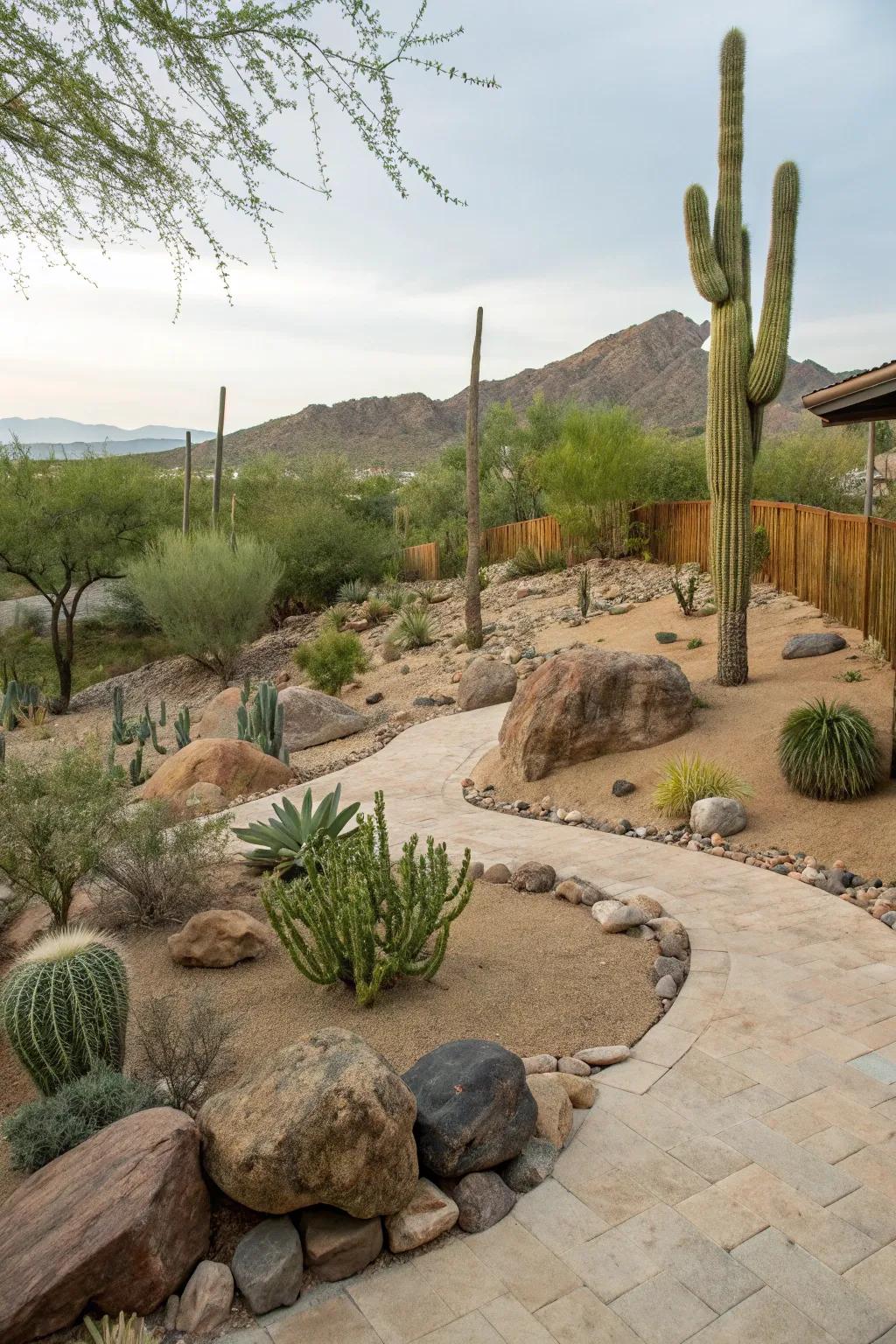 A backyard desert sanctuary with sand and cacti.