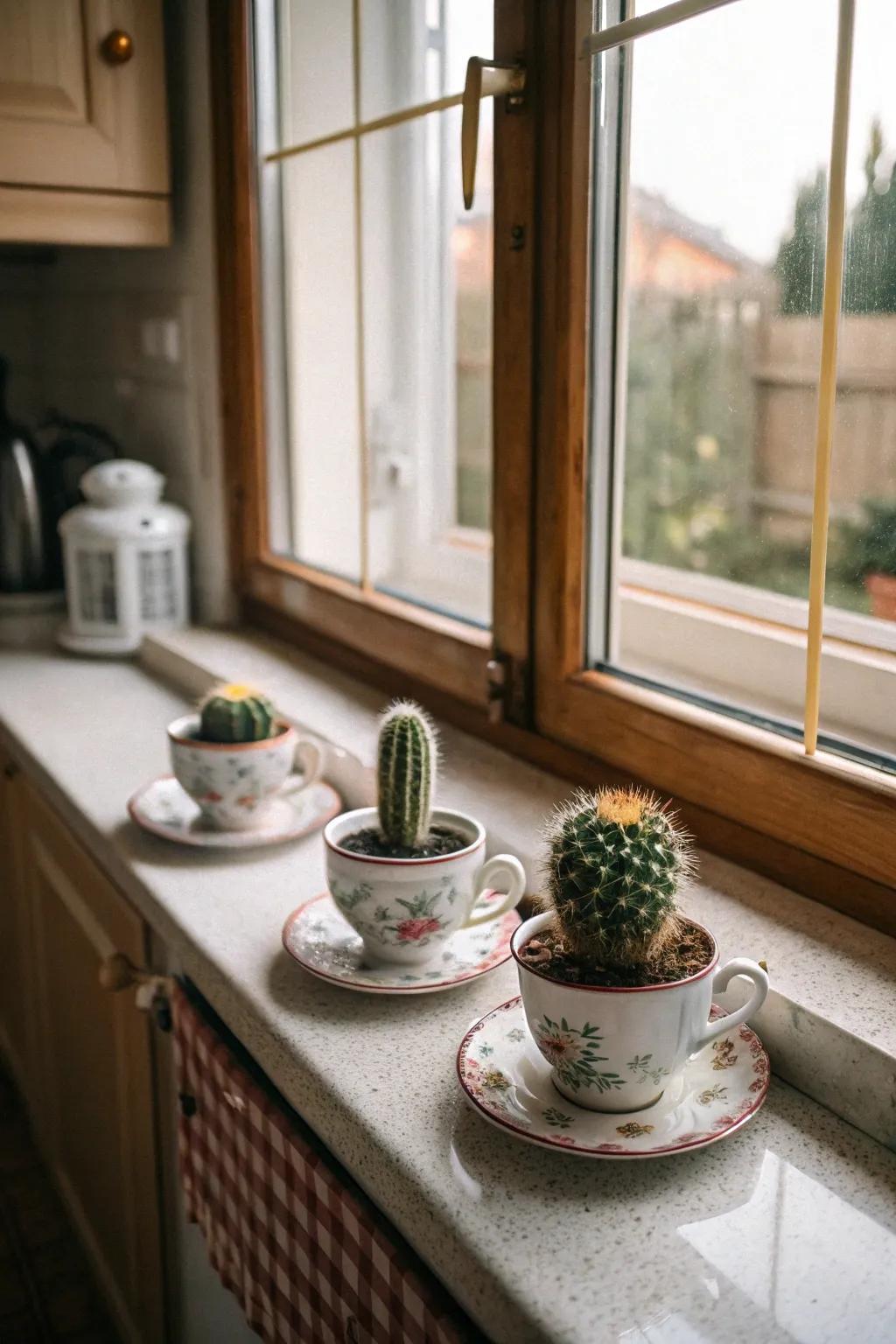 Classic tea cups present a fanciful habitat for tiny cacti.