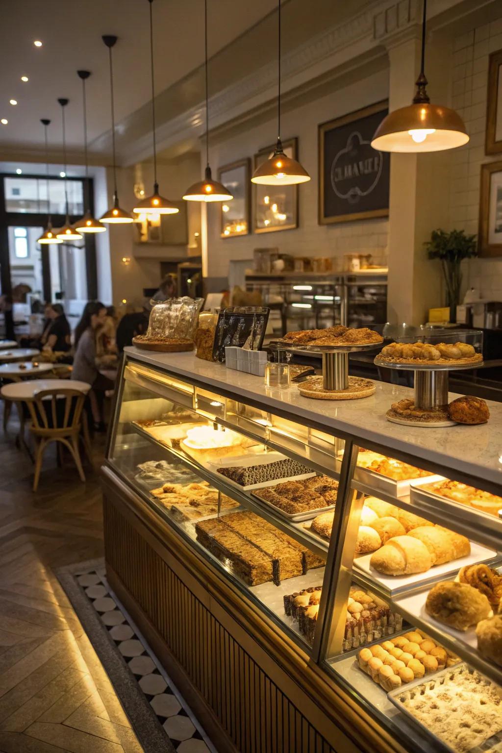 Delightful pastries highlighted by under-counter lighting at a café counter.