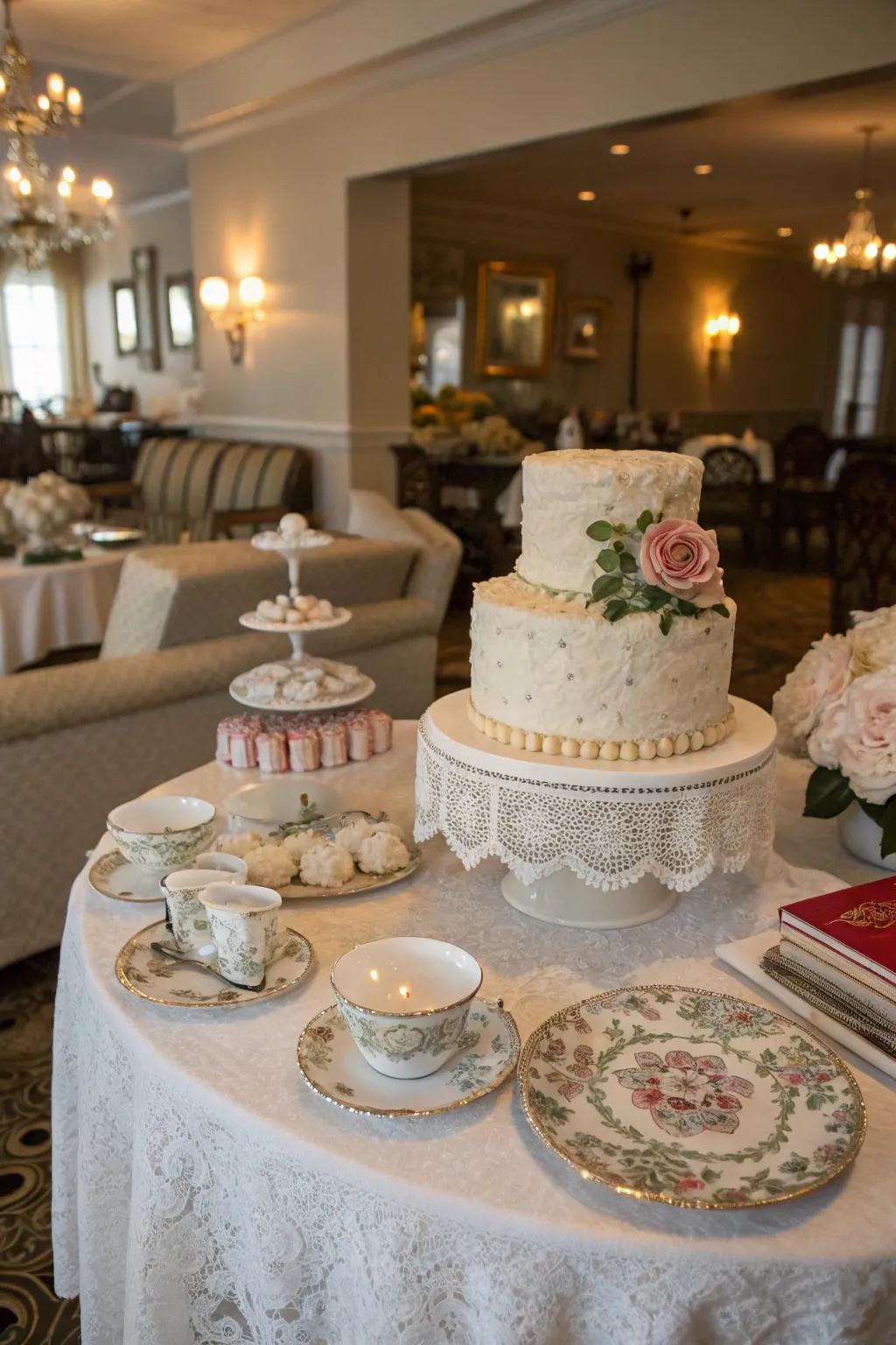 A cake table with vintage elements, exuding timeless elegance and charm.