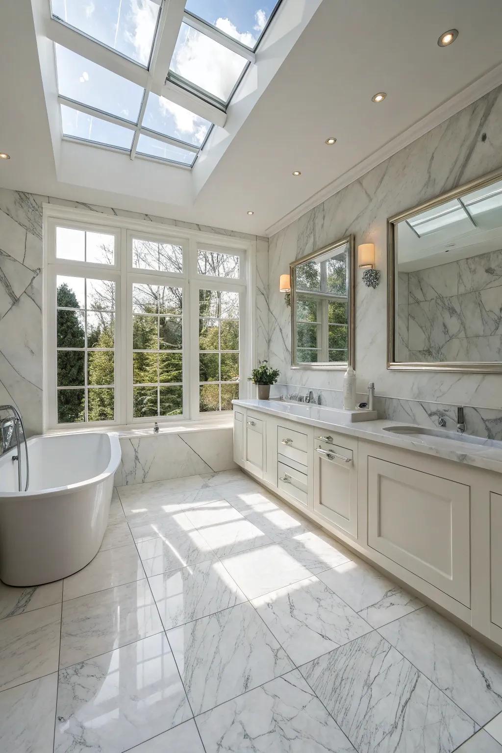 A bright bathroom filled with sunlight, displaying Carrara Essence marble tiles.