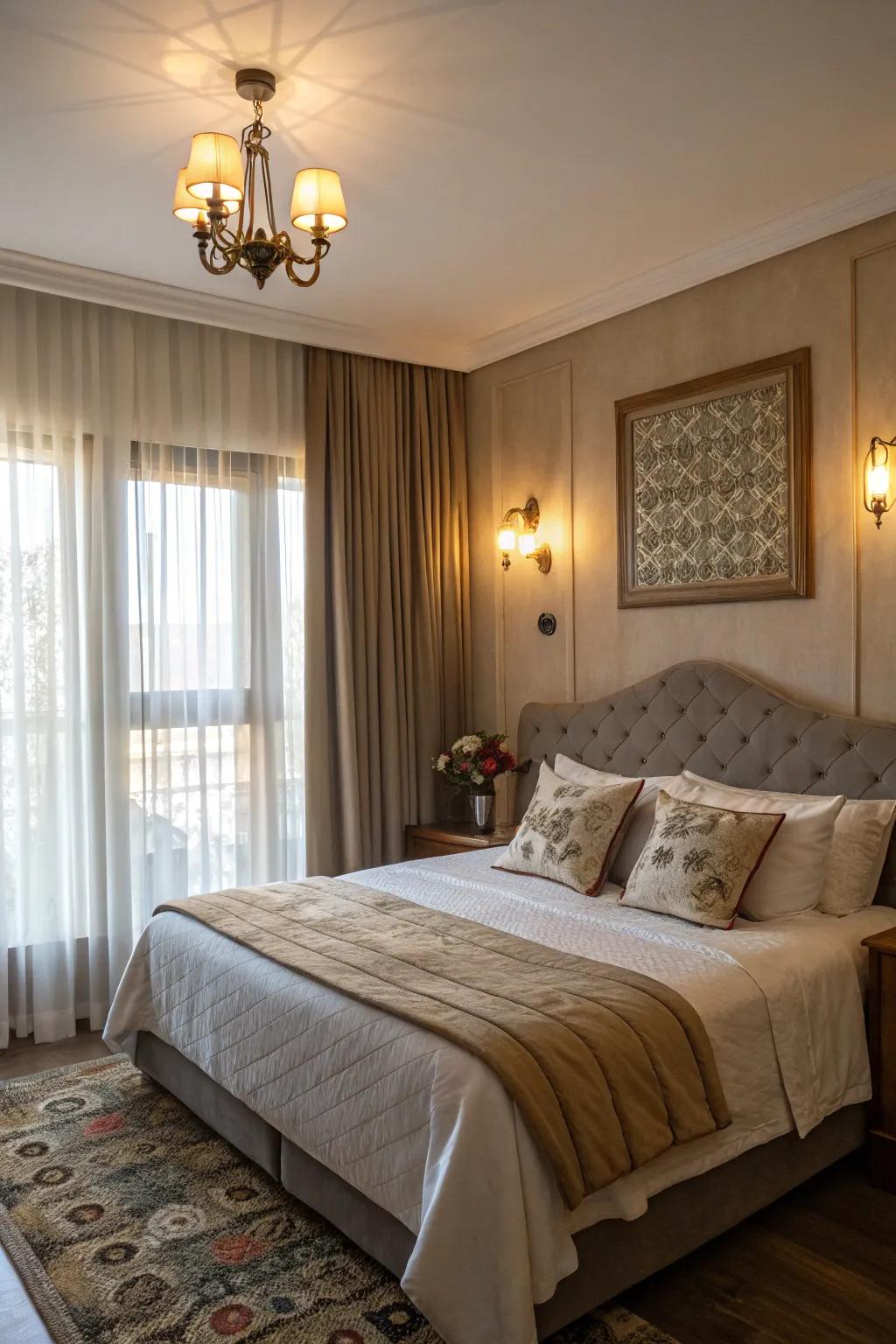 Bedroom with wall lights and natural light coming through sheer curtains for a soft glow.