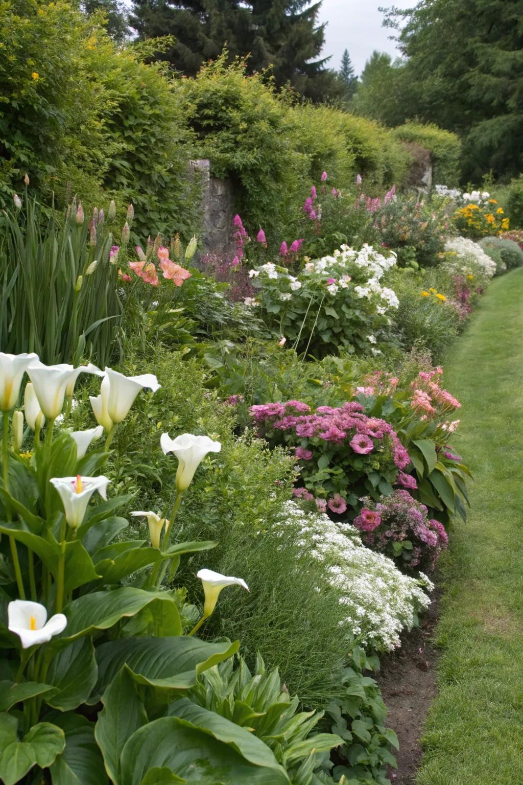 Swan flowers beautifying a mixed flower edge.