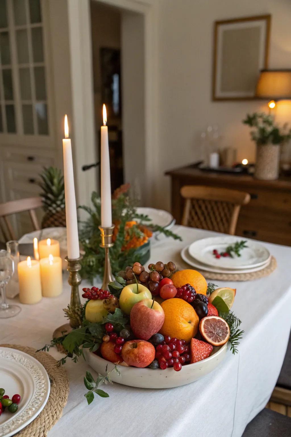 Lights and fruits create a vibrant and refreshing centerpiece.