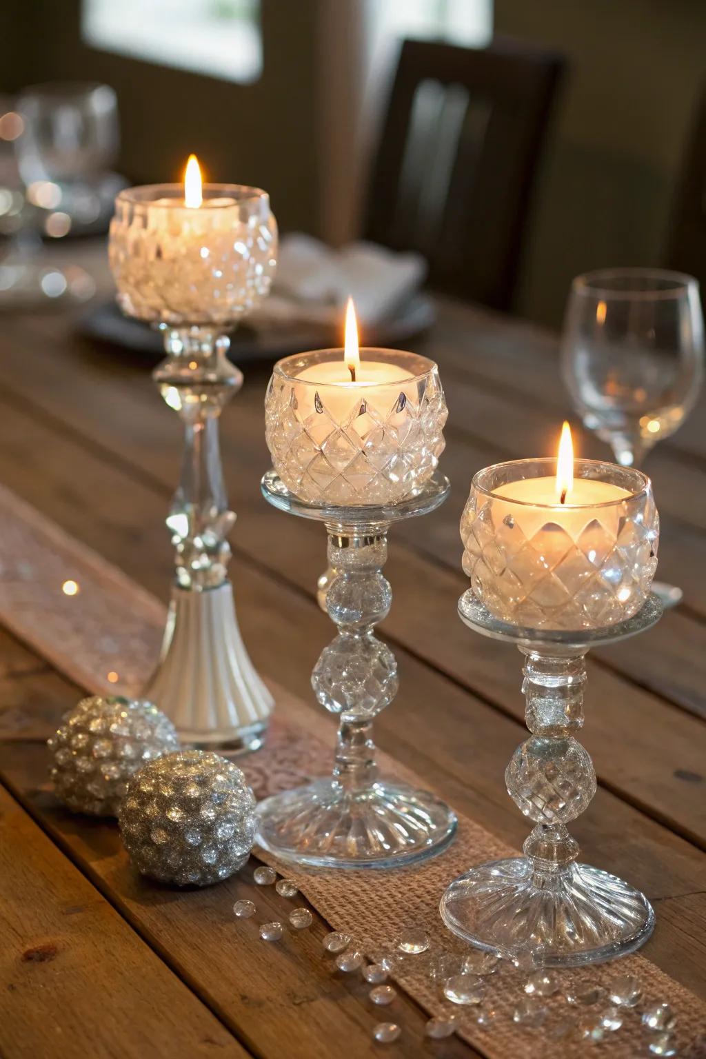 Crystal and glass wax light stands elegantly reflecting the wax light's glow.