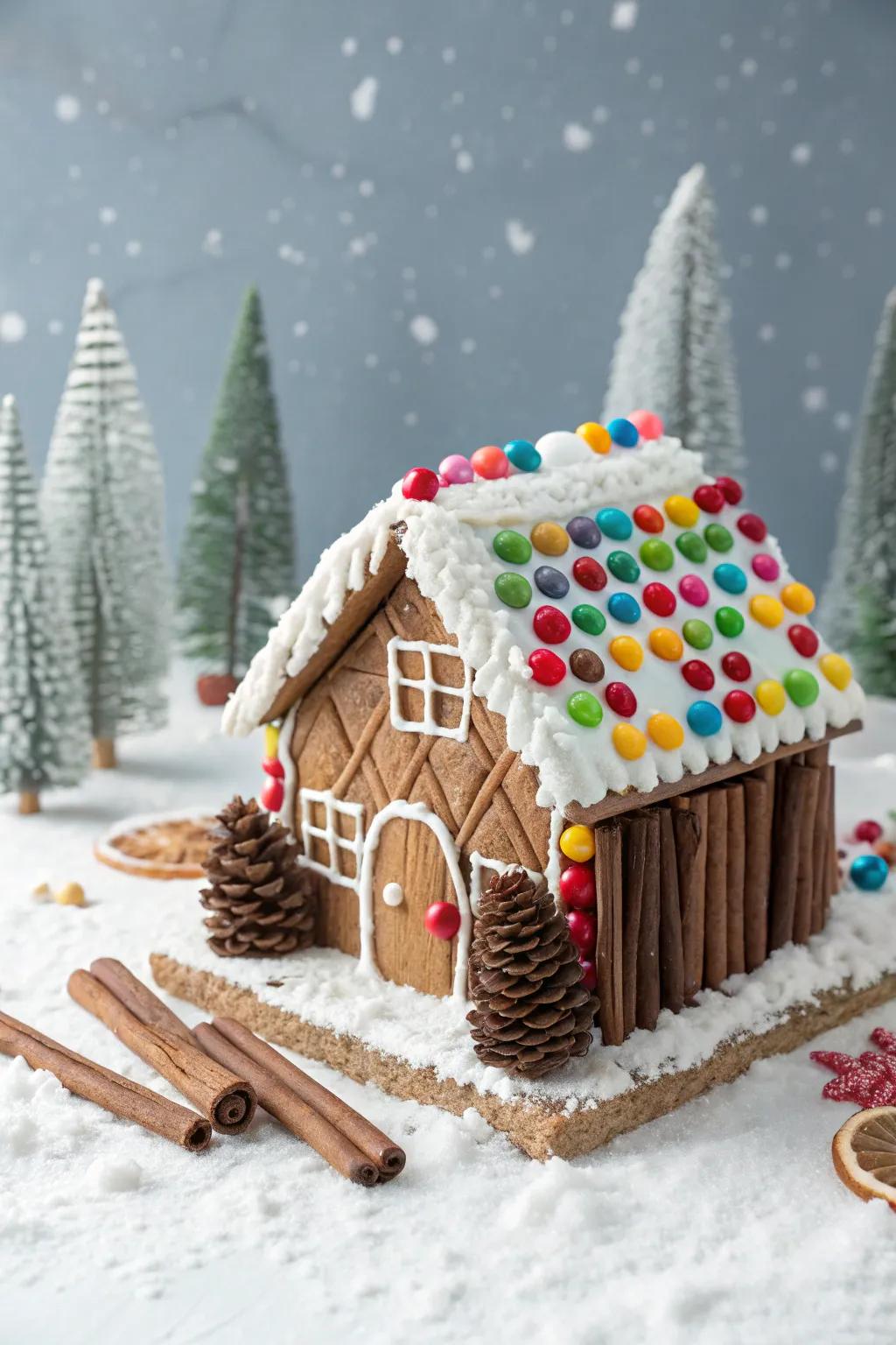 Sweet wood pieces adding a snug feel to the gingerbread house base.