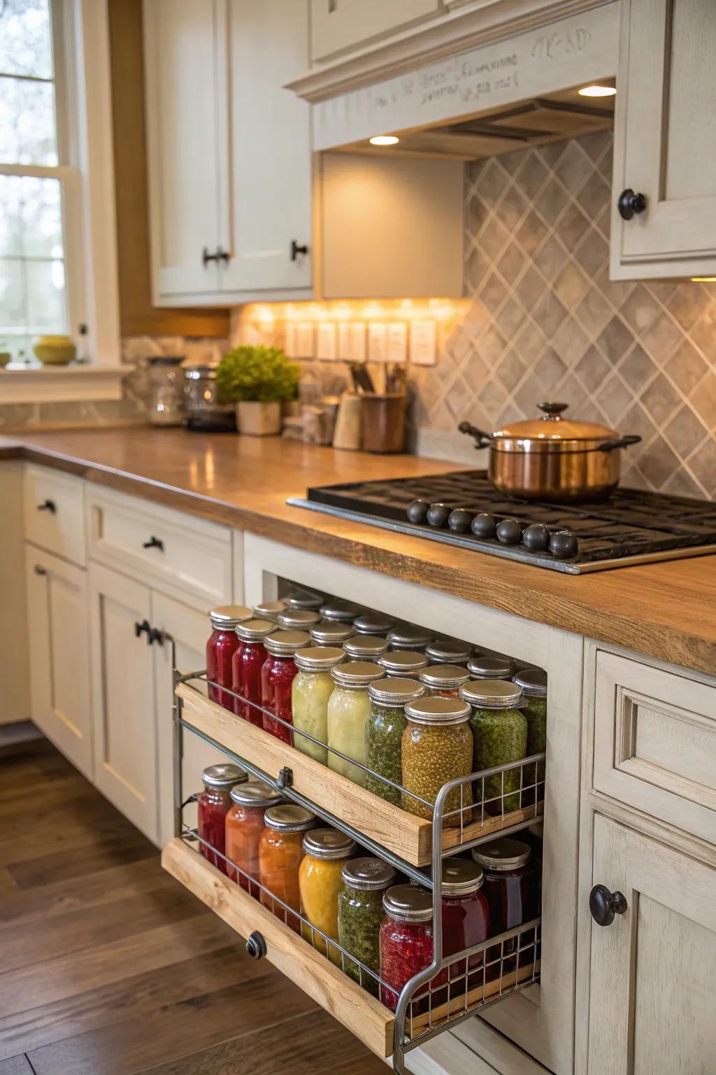 Maintain clear countertops utilizing under-cabinet storage for containers.