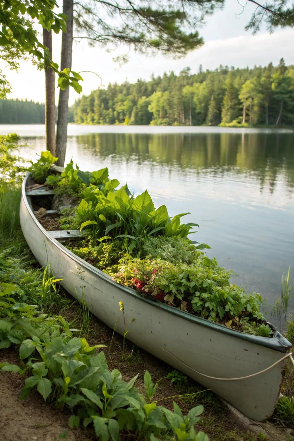 A lakeside canoe planter harmonizes seamlessly with the natural setting.