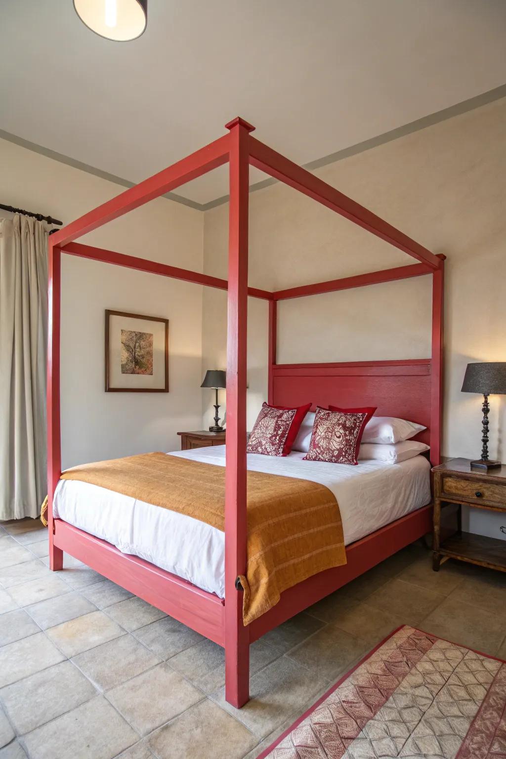 A boldly colored canopy articulates a striking statement within a modest room.