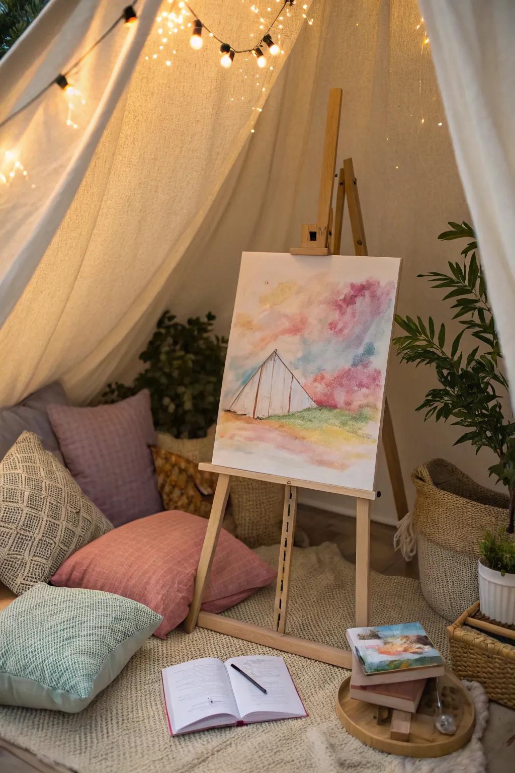 Soft watercolor canvas in a quiet reading space