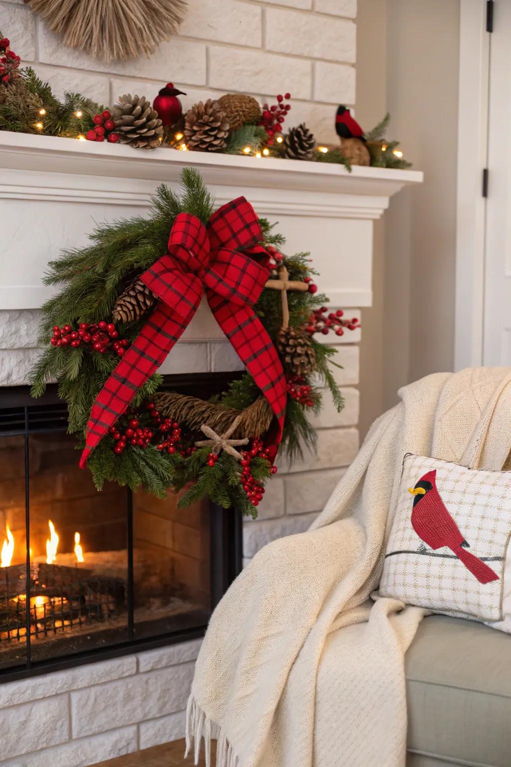 A classic tartan and songbird wreath for a warm feel.