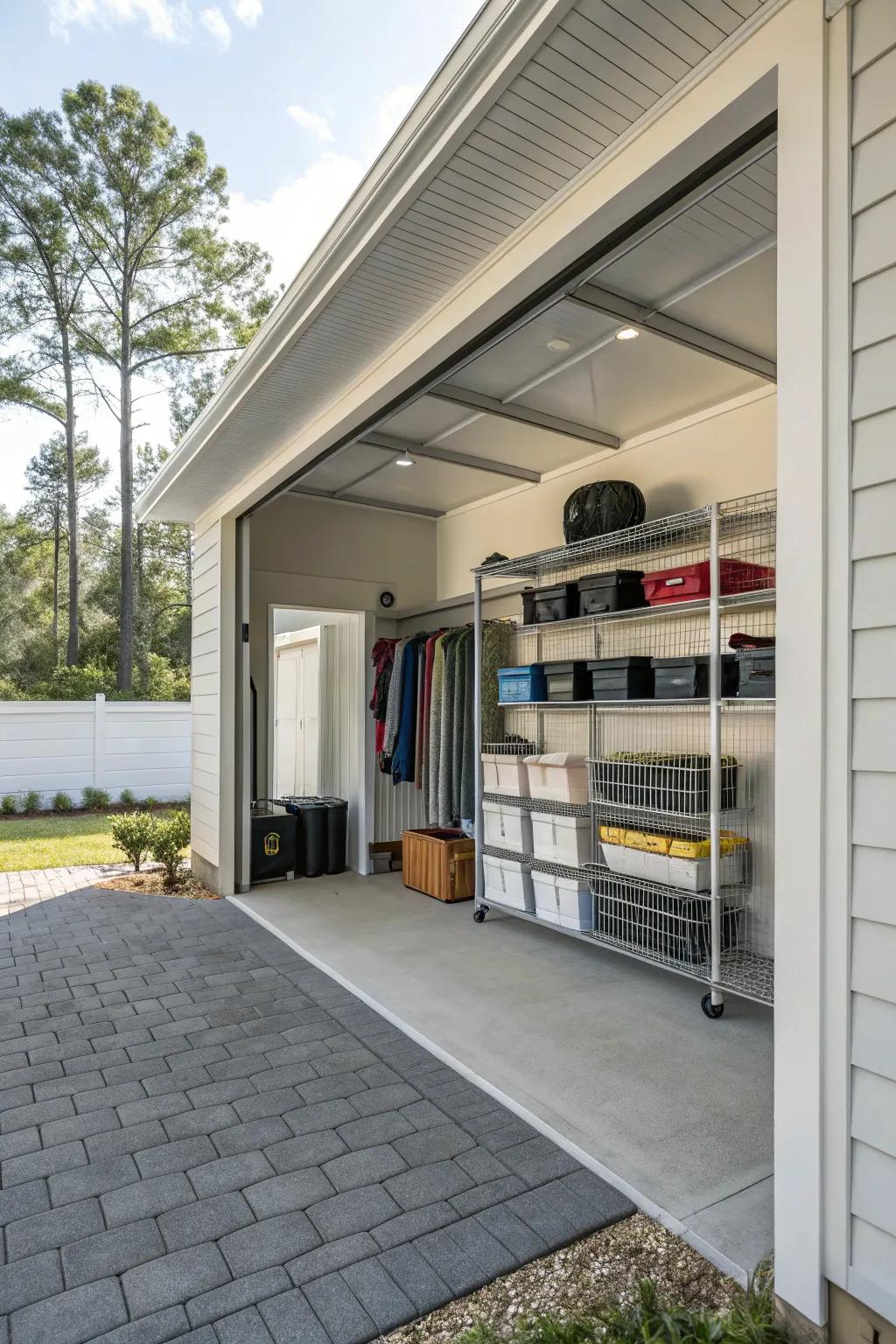 An organized carport with integrated storage solutions, boosting overall functionality.