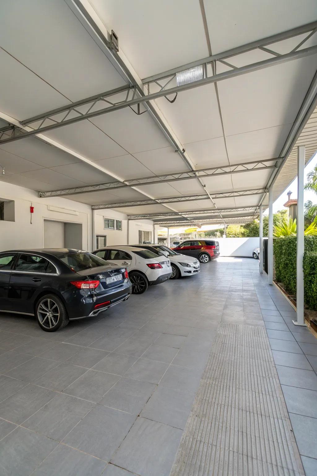 A carport designed with a functional layout, providing ample space for multiple vehicles.