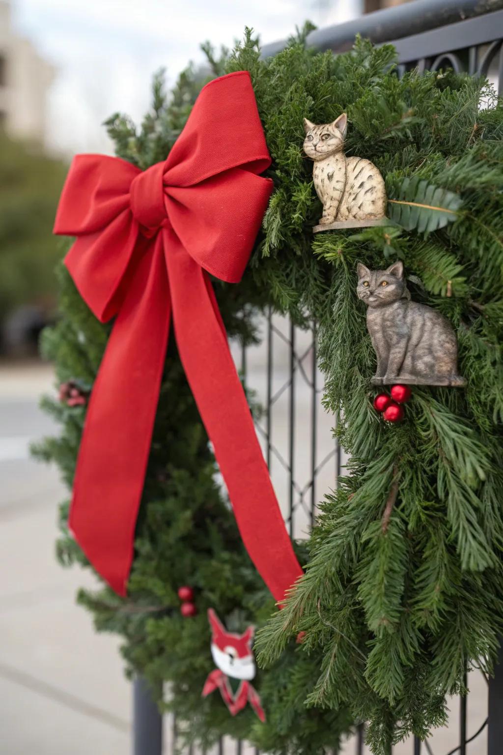 A festive ribboned cat wreath to celebrate the season.
