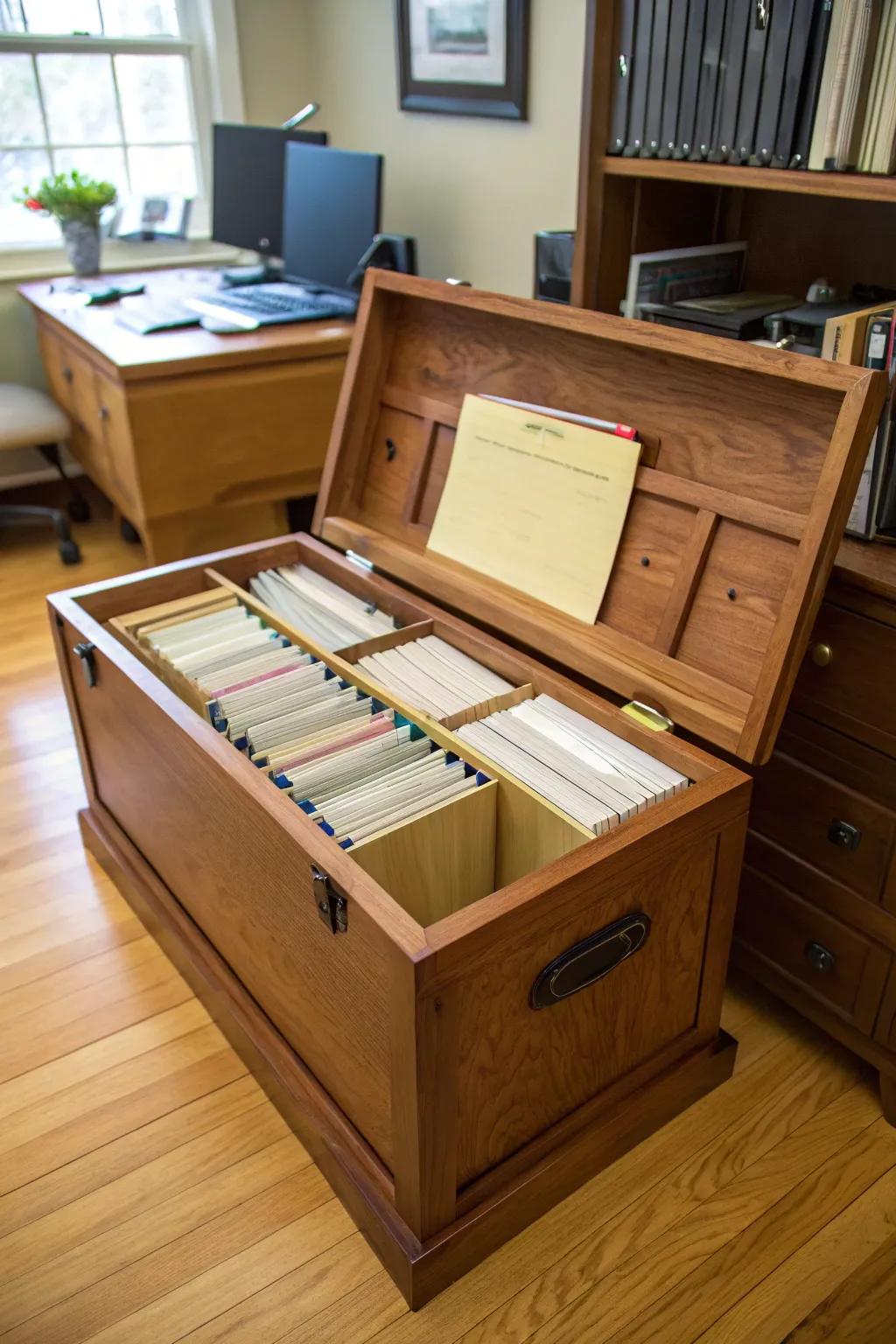 A storage trunk doubles as an elegant filing cabinet.