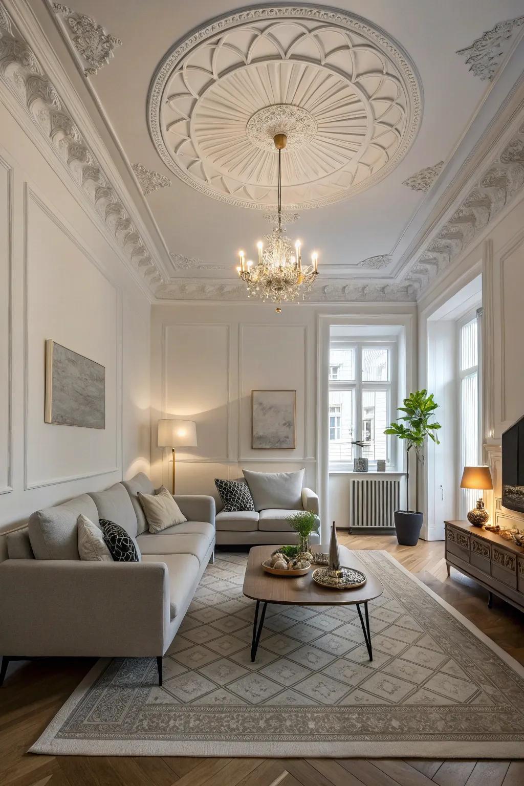 Neutral medallions enhance Scandinavian simplicity.