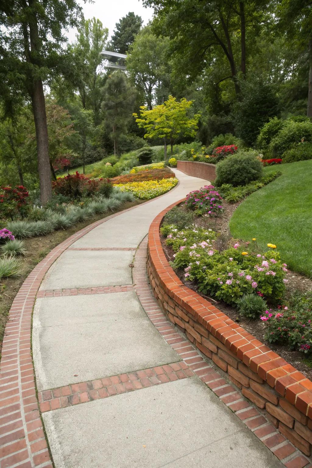 Concrete path featuring striking brick highlights for a classic impression.