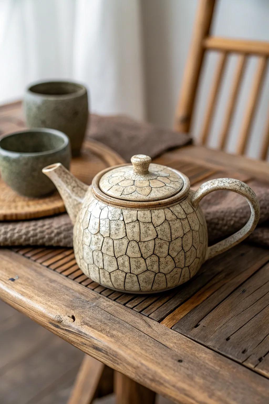 A textured surface adds depth and intrigue to this ceramic teapot.
