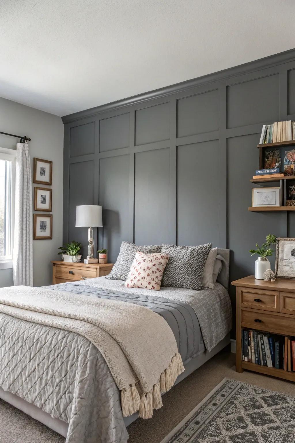 A deep gray feature wall adds dimension and drama.