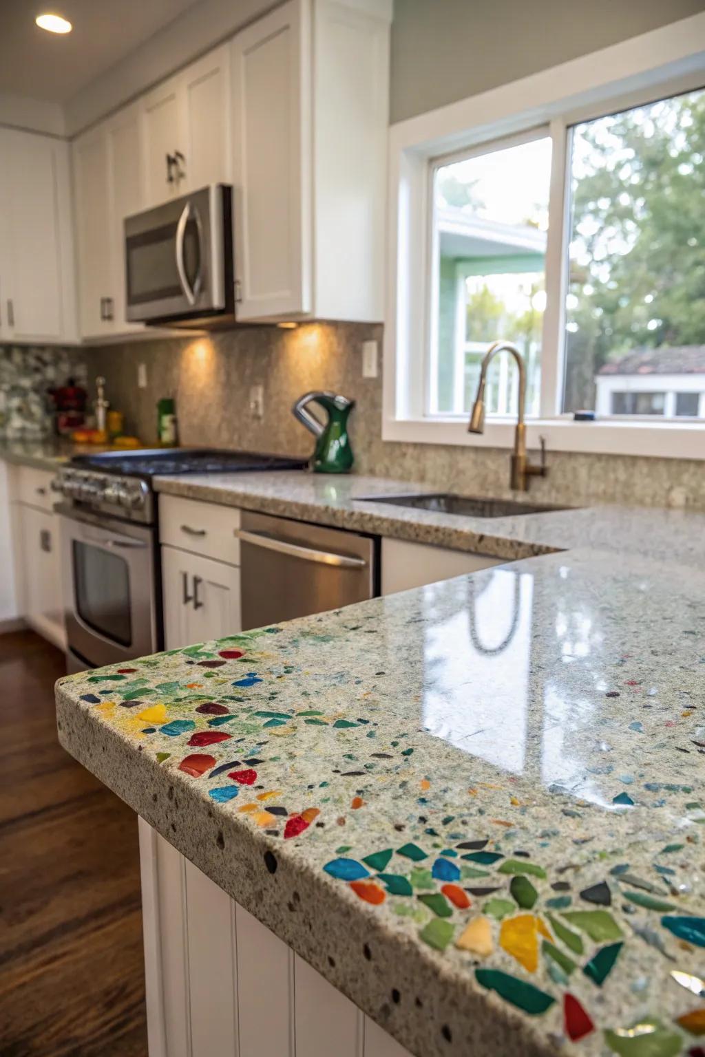An eco-chic kitchen showcases countertops made from recycled glass.