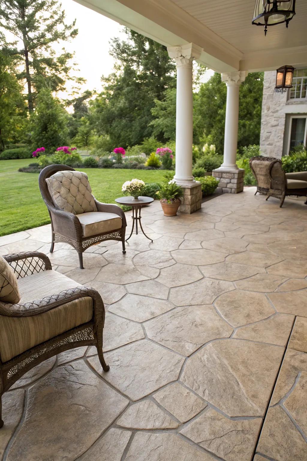 Stylish yet affordable patio floor achieved with stamped concrete.