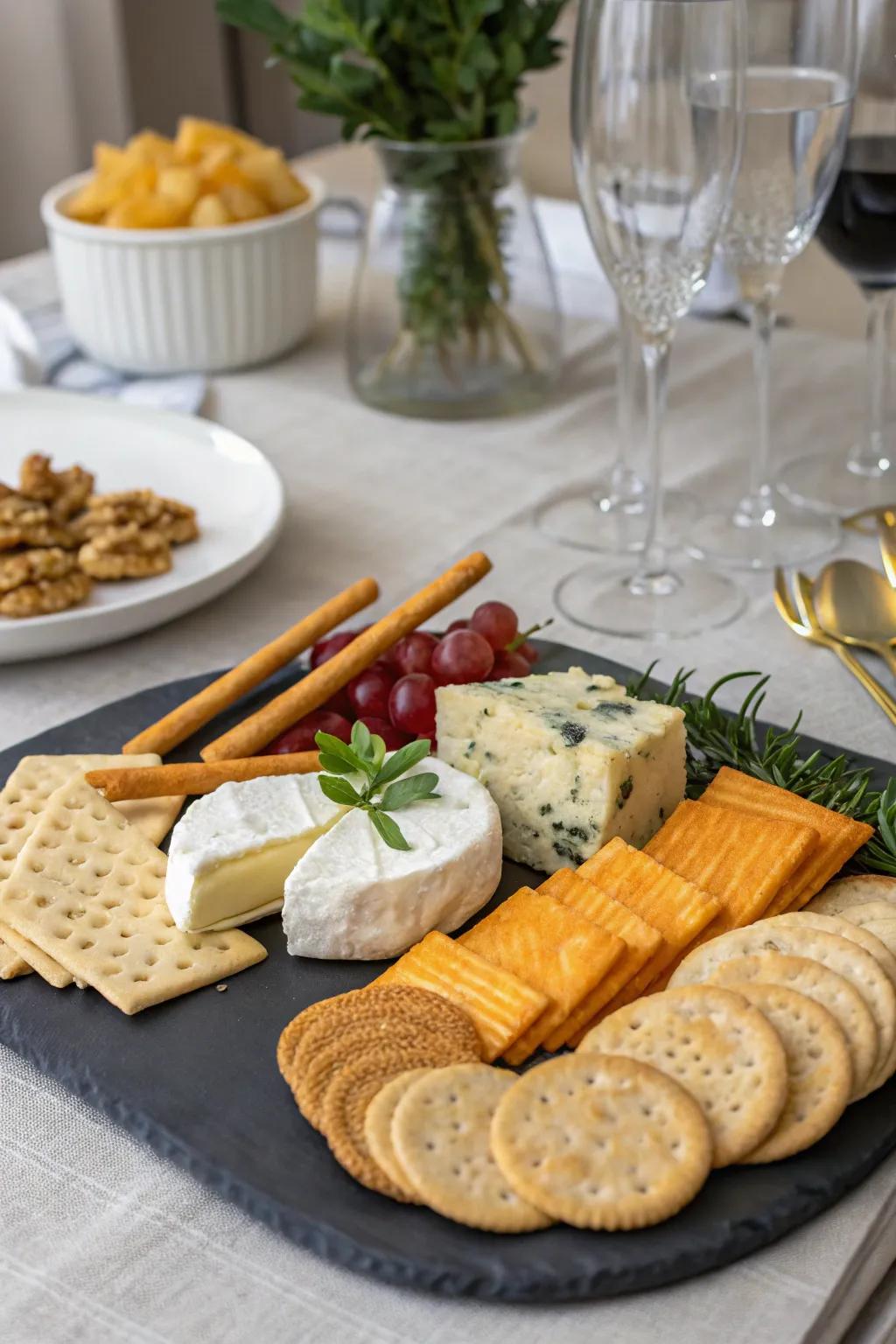 Cheese board balanced with varied textures and crunch.