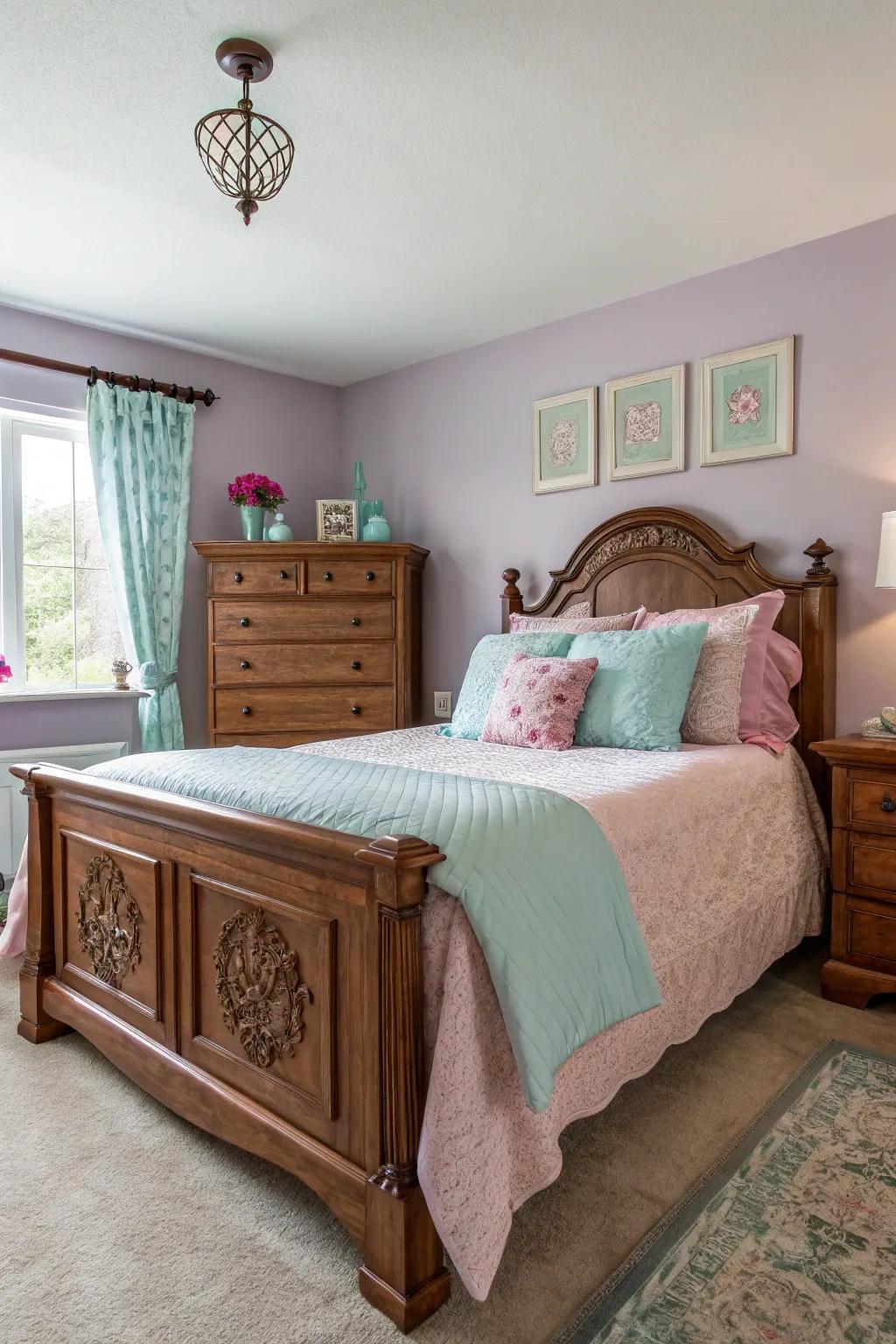 Soft pastels introducing a calm touch to a cherry wood bedroom.