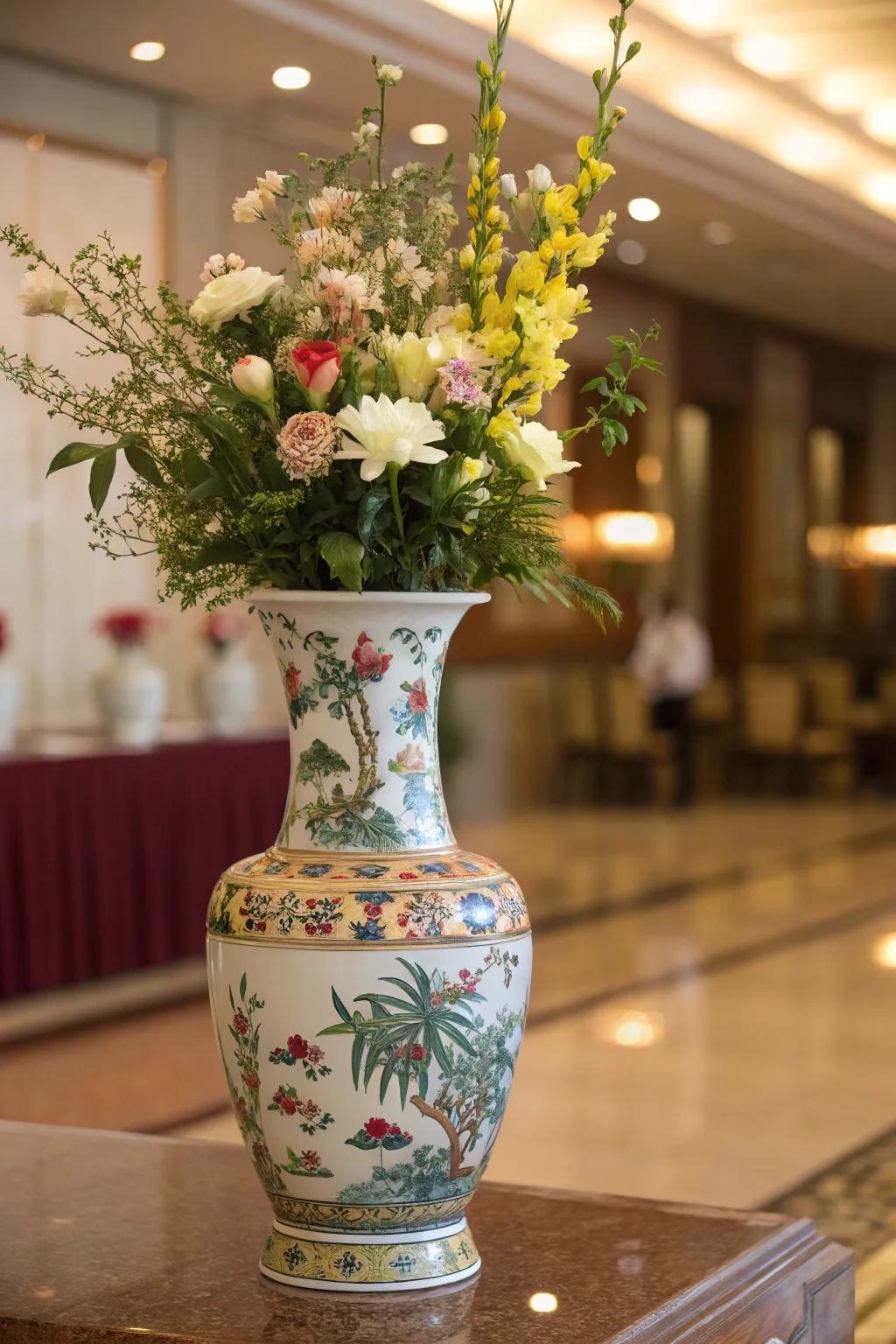A magnificent centerpiece featuring a traditional clay vase.