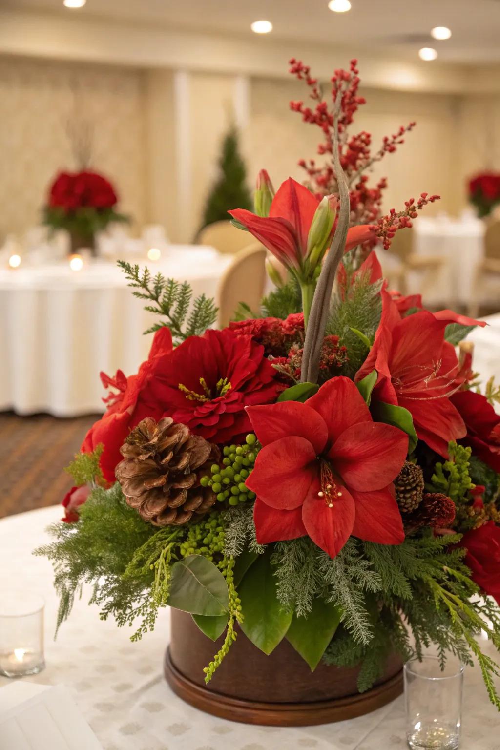 Holiday blooms inject a striking and celebratory hint.