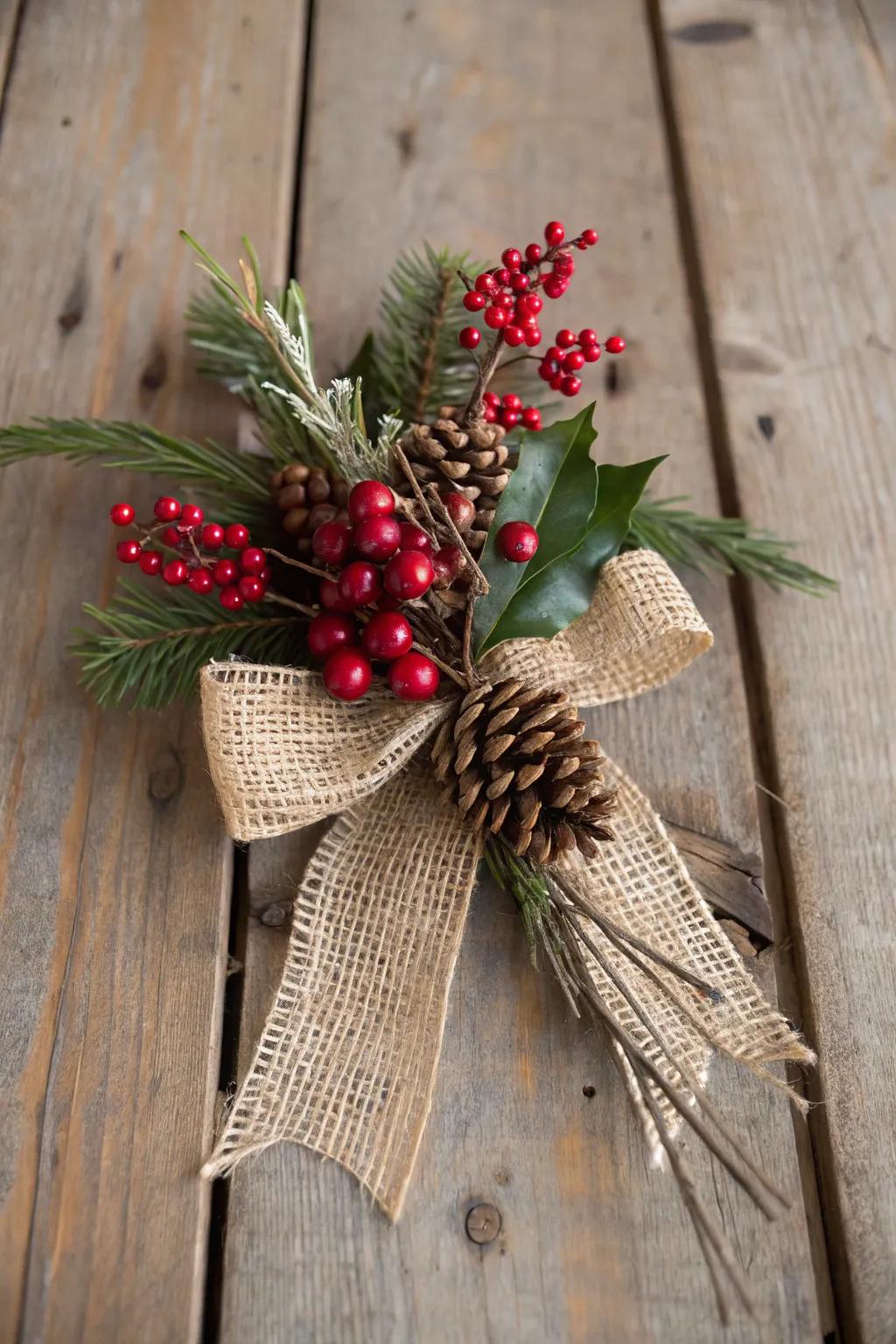 A cozy Christmas corsage featuring homespun fiber and fruits.