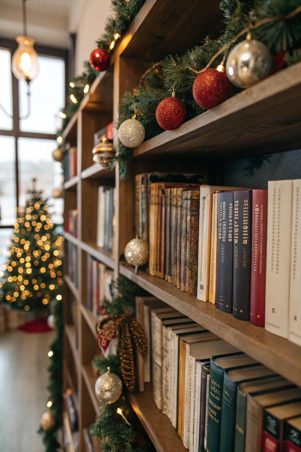 Bookcases converted into festive holiday exhibitions.