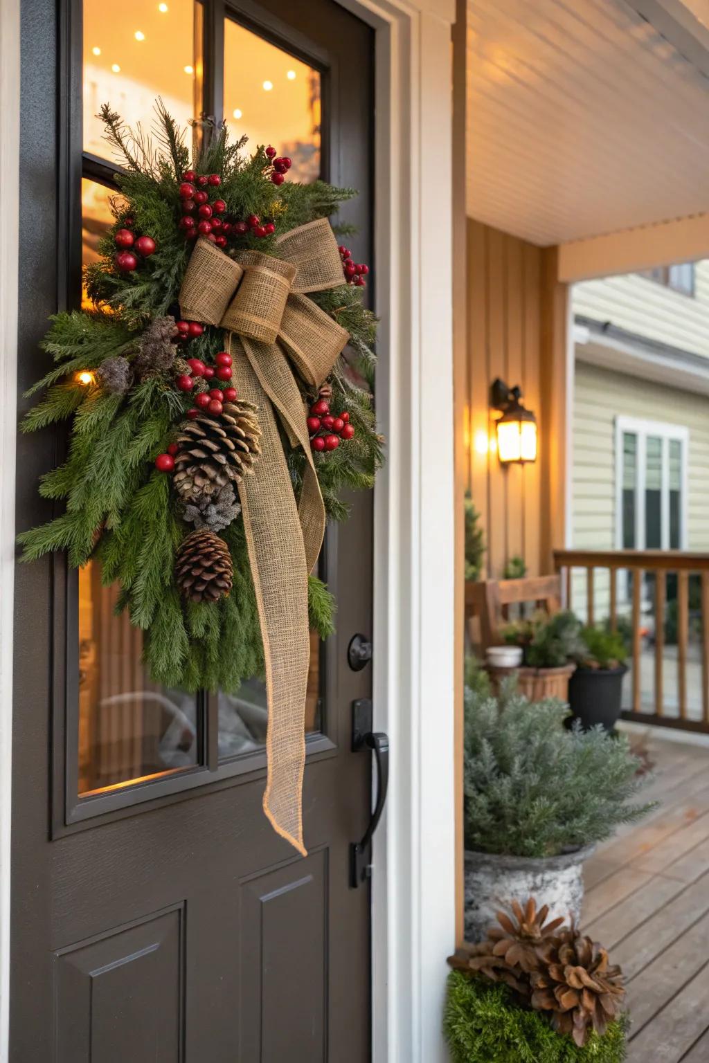 Celebrate nature using a conifer cone and berry adorned bow.