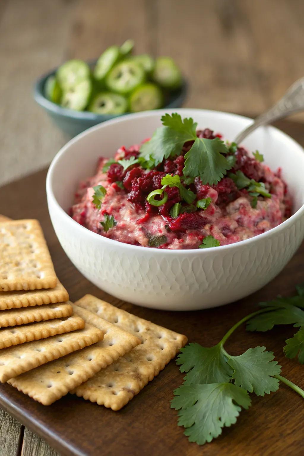 Cranberry pepper dip is a bold and flavorful choice.