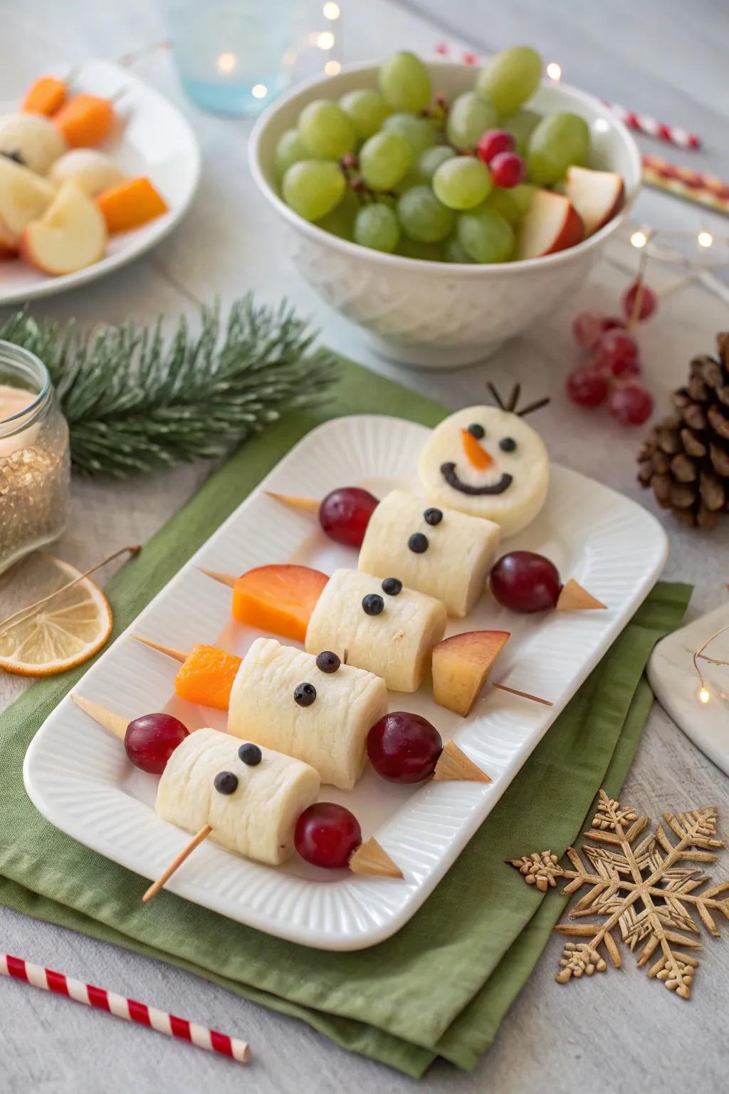 Adorable snowman fruit sticks for a festive brunch.