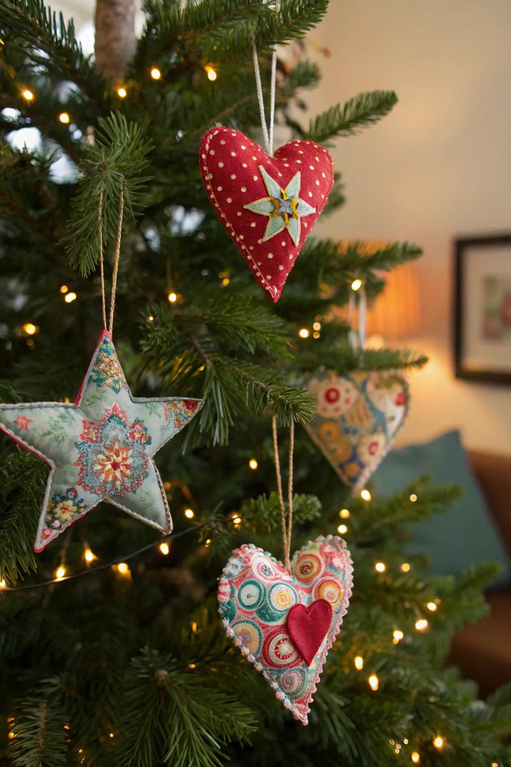 Fabric star and heart ornaments crafted from remnants.